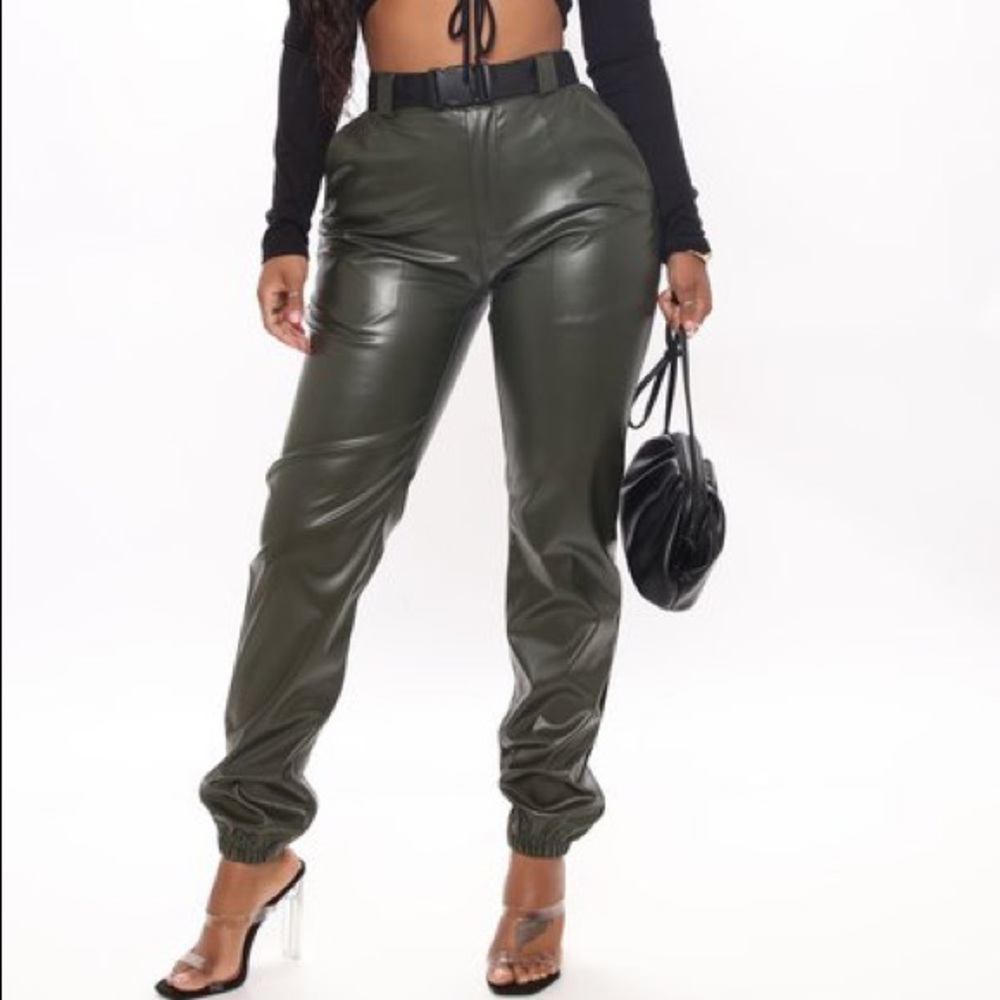 Brand New fashion nova olive green leather joggers